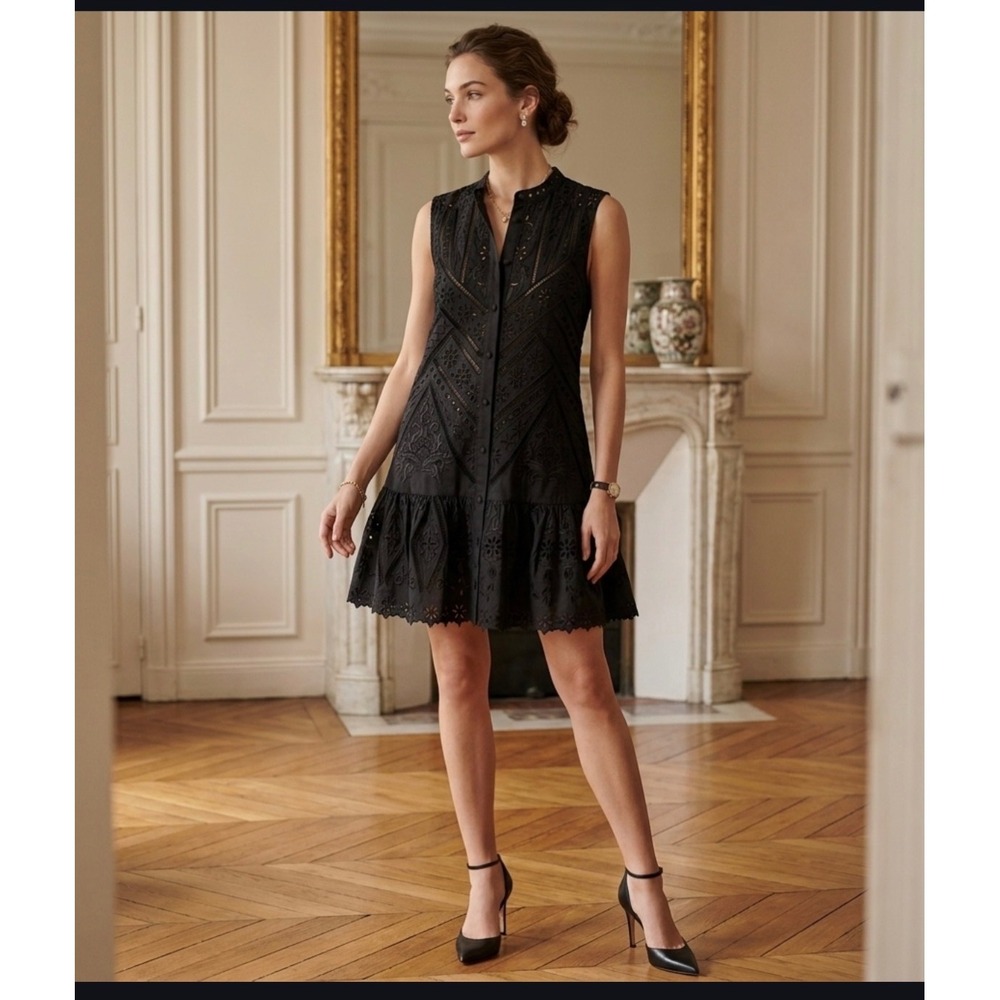 Christy Lynn Black Linen Eyelet Embroidered Drop Waist Mini Dress CLD235 Size M